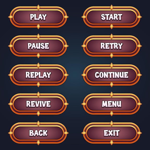 set of brown game buttons for mobile games with editable text effect gui to build 2d games