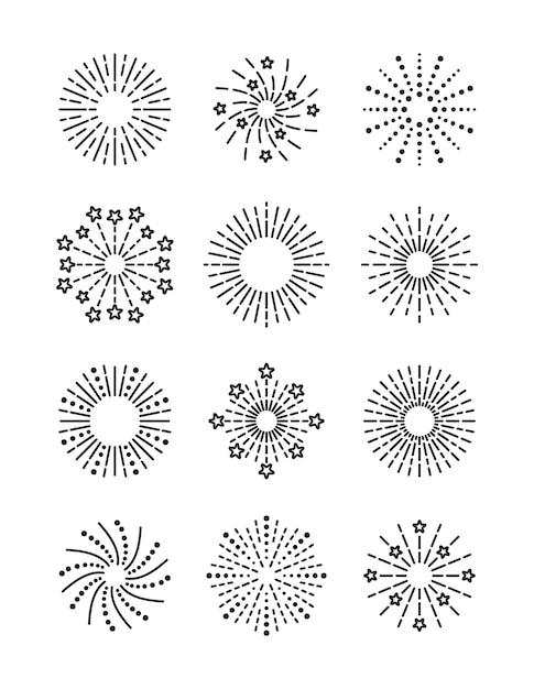 Set of burst stars sparks and salute Firework icon Linear sparkle explosion