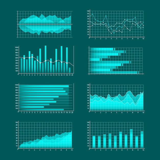 Set of business graphs. Infographics and diagnostics, charts and schemes. Trend lines, columns, market economy information background. Analysis and management of financial assets.