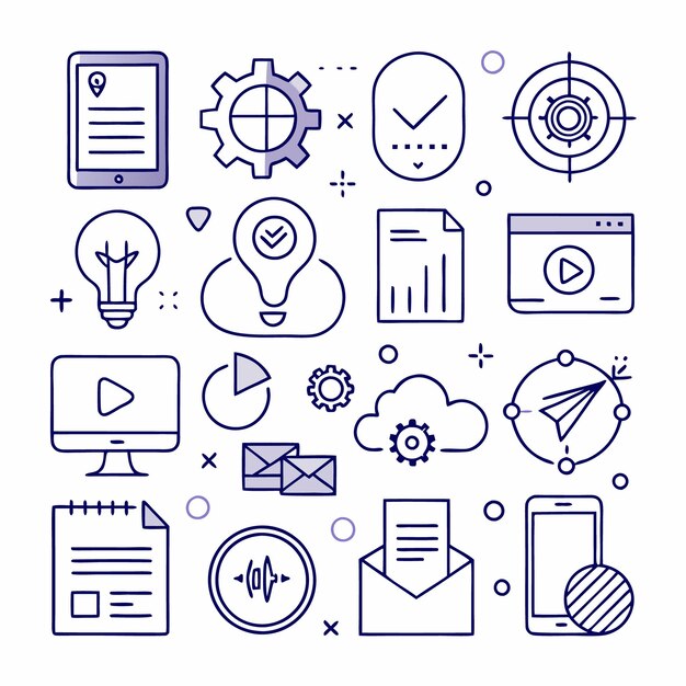 Set of business icons including phone computer envelope and lightbulb