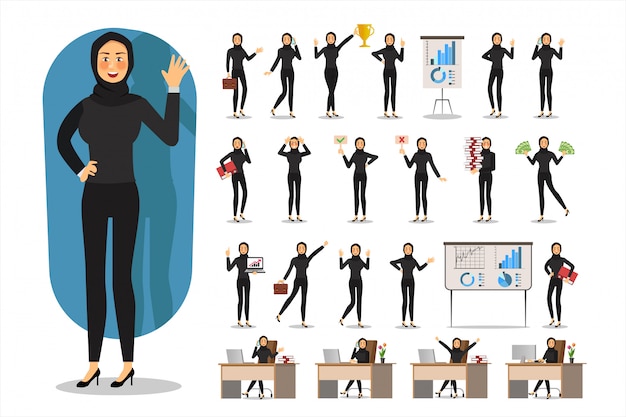 Set of Business woman character design, Muslim businesswoman