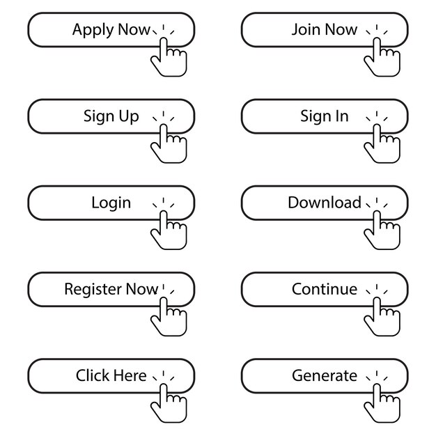 Set of call to action buttons with hand cursor vector design for web app and ui elements isolated on