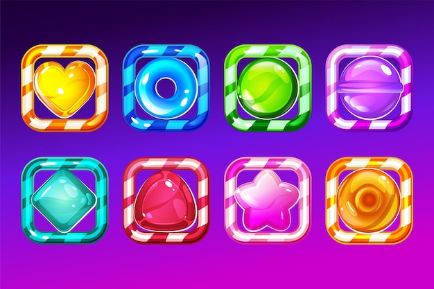 Set of candy app icons game ui square buttons cartoon lollipop menu interface colorful blocks with stripes Gui graphic design elements for user panel settings isolated 2d vector illustration