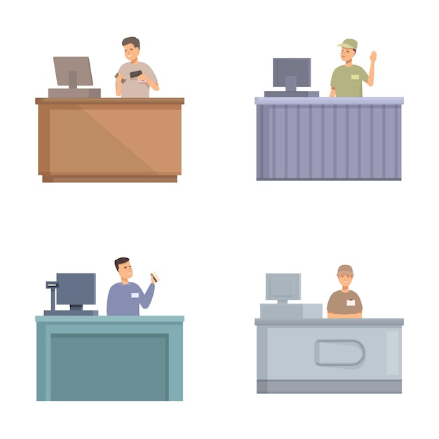 set of cashiers working at checkout counters