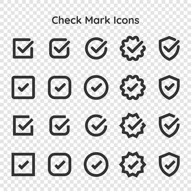 Set of check mark icons in various styles Includes check marks in boxes circles and shields Black check marks on transparent background Vector element set
