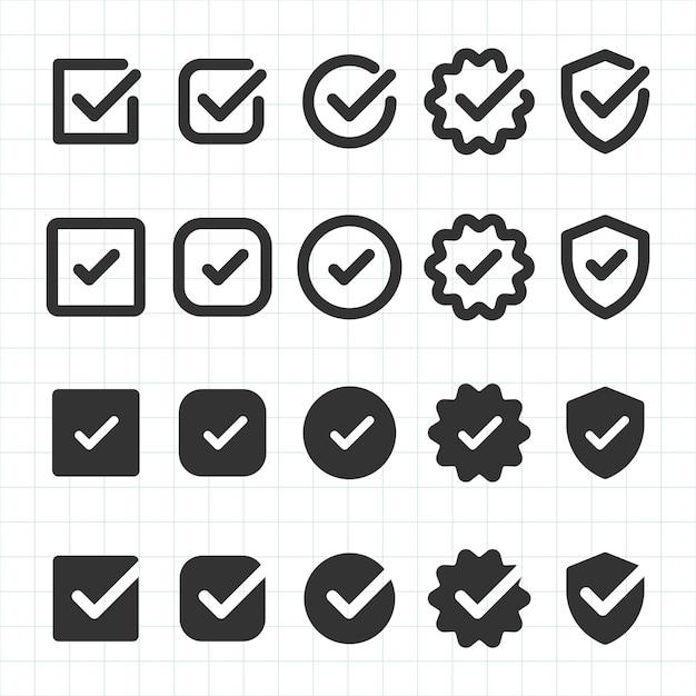 Set of checkmark icons in various shapes square circle shield Black checkmarks on grid background Checkmark icons for tasks approvals and confirmations Vector element set