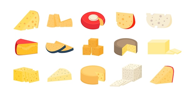 set of cheese wheels and slices isolated on a white background. various types of cheese. modern flat style realistic icons. fresh parmesan or cheddar.