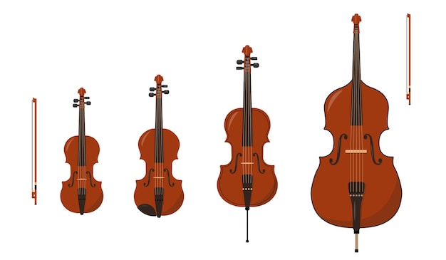 set of classical orchestral stringed bowed musical instruments isolated on white background