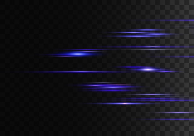Set of color horizontal rays, lens, lines. Laser beams. Blue, purple luminous abstract sparkling lined transparent background. Light flares, effect.