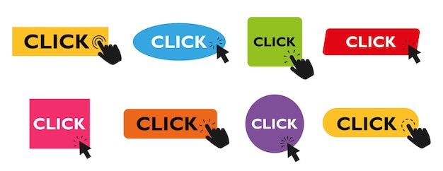 Set of colored buttons Click Here with hand or mouse cursor, isolated on white background. Click here vector web button. UI button concept. Call to Action Button. Vector illustration