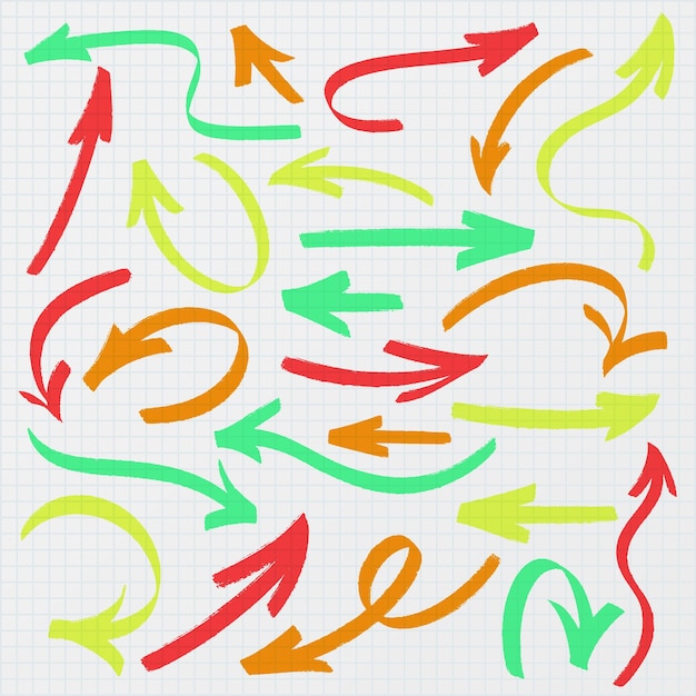 Set of colored marker drawn bold arrows icons vector Collection of red green orange yellow arrow