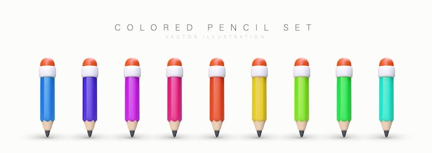 set of colored pencils on white background 3d stationery with shadows tools for creativity children entertainment rainbow collection icons for bright design