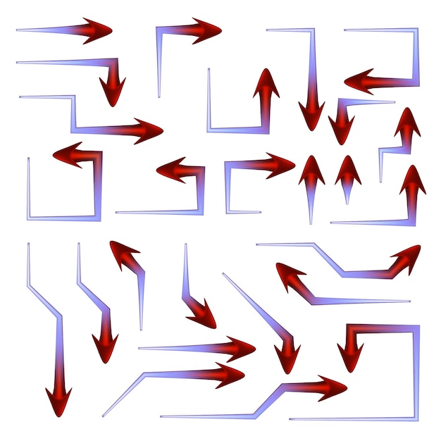 Set of colored red blue arrows pointers with sharp straight angular turns isolated on white. Direction pointer. Vector illustration.