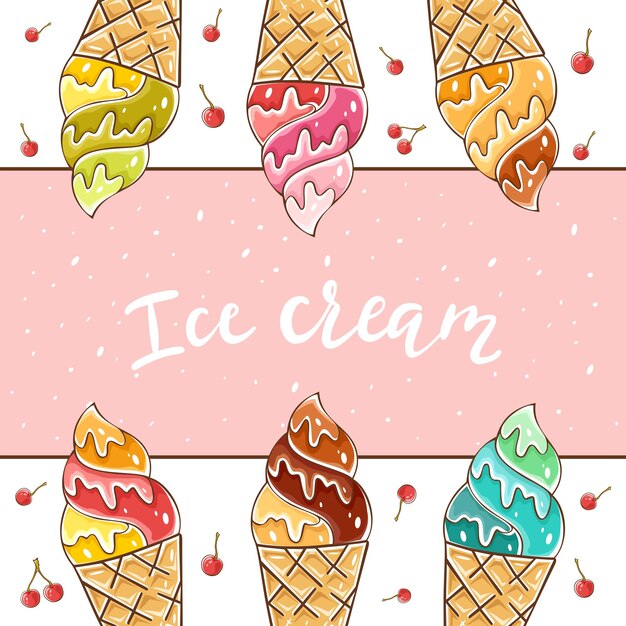 Set of colorful Ice cream in waffle cone with cherry on pink background illustration