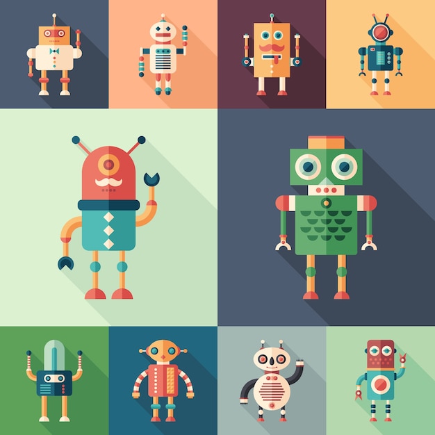 set of colorful robots flat square icons with long shadows.