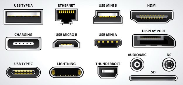 set of computer connectors or usb universal connector symbols or various usb plug connector
