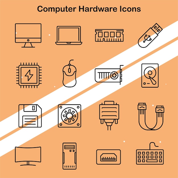 set of computer hardware icons representing electronic devices and components ideal