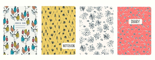 Set of cover page templates based on seamless patterns with burdocks and wildflowers in Ditzy style Backgrounds for notebooks notepads diaries Headers isolated and replaceable