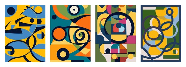 Set of creative geometric cards abstract geometry grid patterns