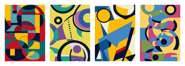 Set of creative geometric cards abstract geometry grid patterns