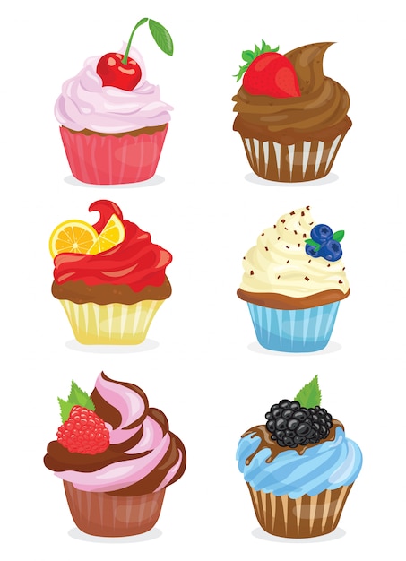 Set of cupcakes. Collection of cartoon cakes. Vector illustration of sweet baking.