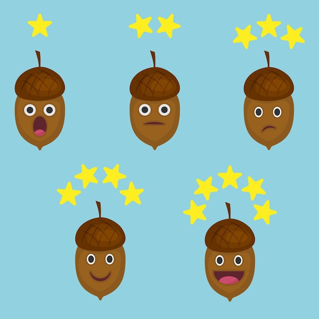 Set of customer experience flat vector icons with yellow stars from 1 to 5 Rating icons with acorn