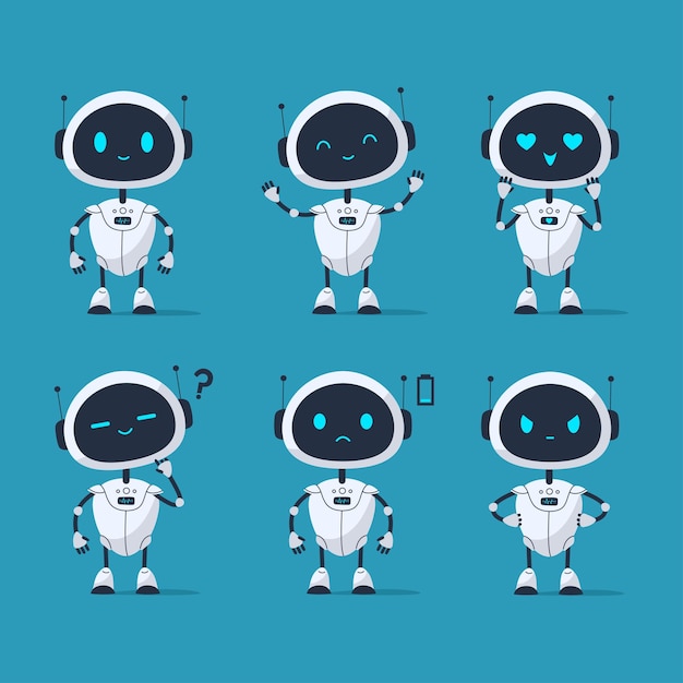 Set of cute robot character with different emotions happy sad angry confused in love and low battery