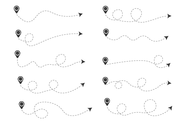 Set of dashed line arrows with location icon