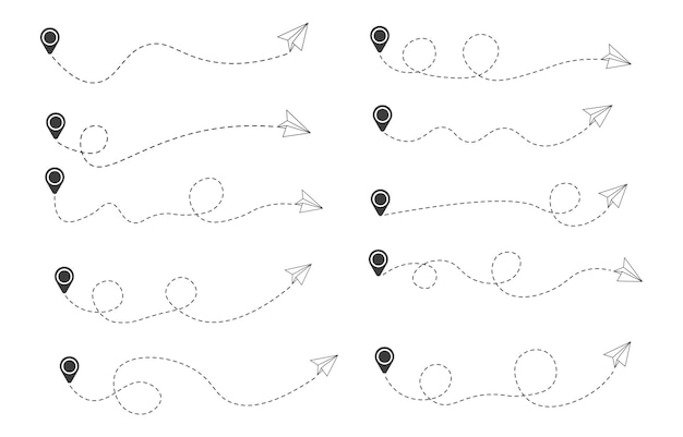 Set of dashed line paper airplane route with location icon flat design
