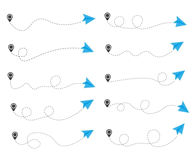 Set of dashed line paper airplane route with location icon