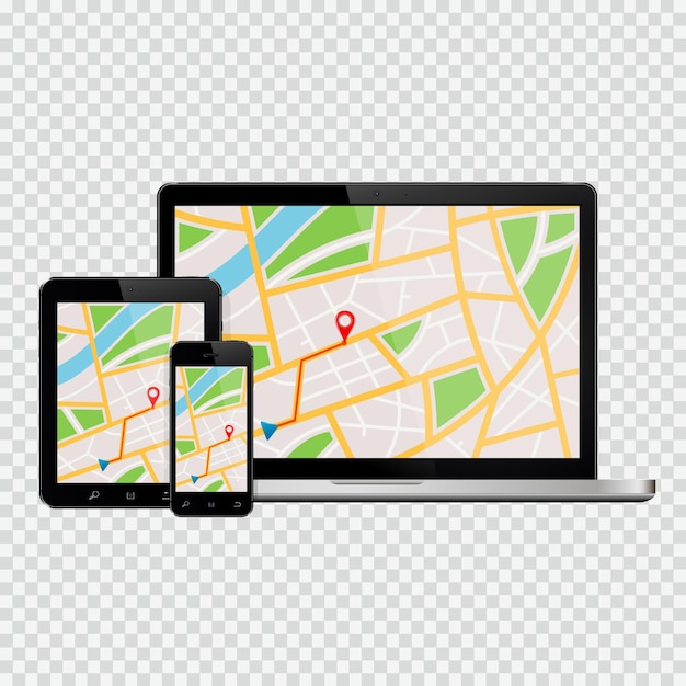 set of devices with GPS map on screen