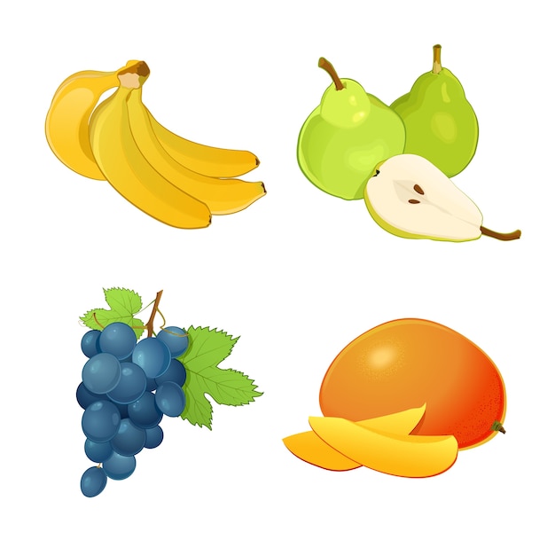 set of different fruits with leaves. bananas, grapes, mangoes and pears. whole fruits and halves