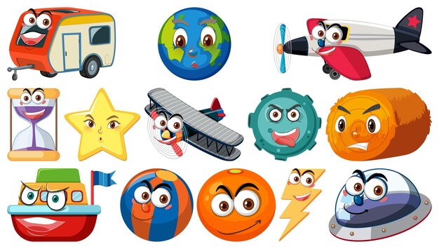 set of different toy objects with smiley faces