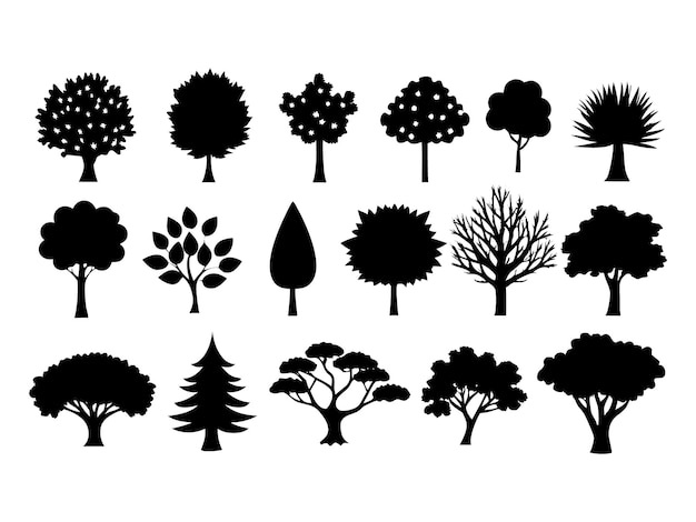 set of different types trees on white background