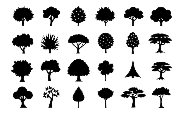 set of different types trees on white background