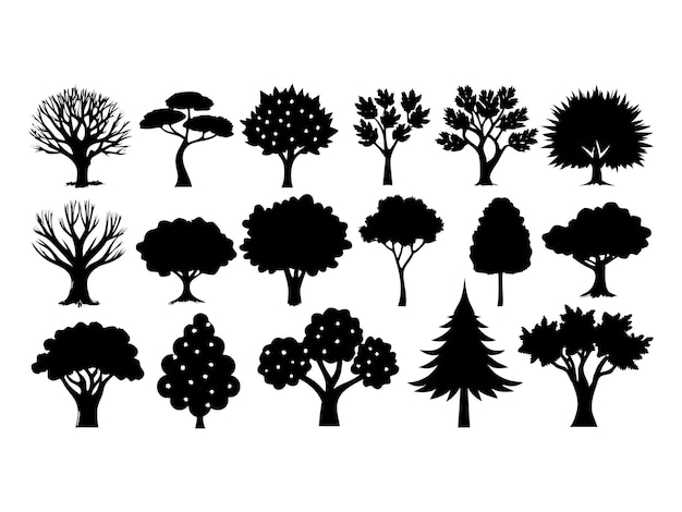 set of different types trees on white background