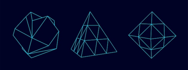 Set of distorted wireframe sphere pyramid and cube from different sides Vector abstract geometric 3D objects Technology block chain network connection Big data visualization