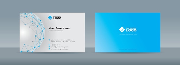 Set of double sided business card templates with blue dots connected by lines on a white background