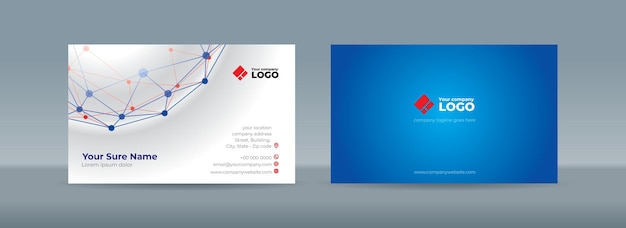 Set of double sided business card templates with green dots connected by lines on a blue background