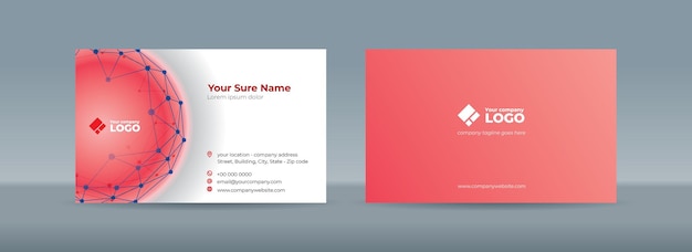 Set of double sided business card templates with red and blue dots connected by lines on a white ba