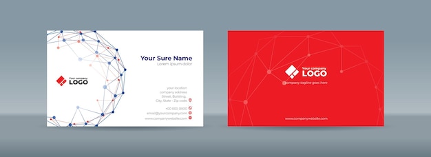 Set of double sided business card templates with red and blue dots connected by lines on background