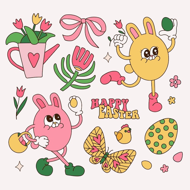 Set of easter bunnies in retro groovy style easter characters with eggs flowers and butterfly in