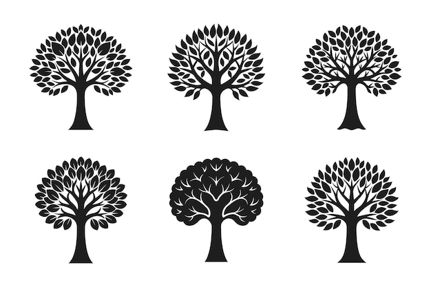 Set of Elegant Black Tree Silhouettes Vector with Unique Branch and Foliage Designs