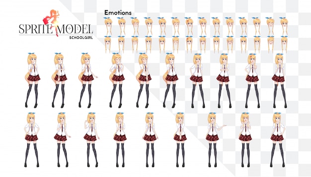 Set of emotions. Sprite full length character for game visual novel. Anime manga girl, Cartoon character in Japanese style. In a white shirt, a red skirt in a cage, a tie and black stockings-tights