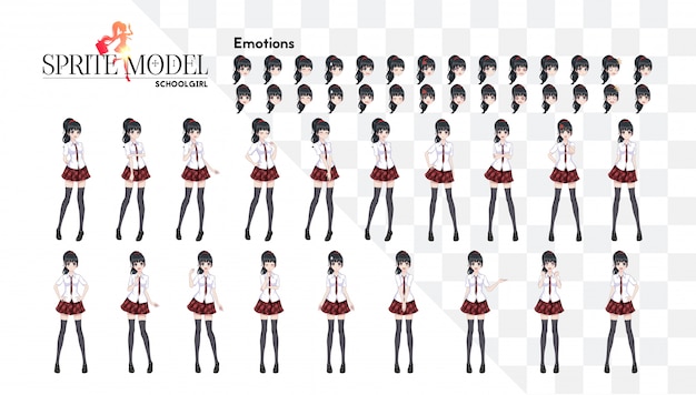 Set of emotions. Sprite full length character for game visual novel. Anime manga girl, Cartoon character in Japanese style. In a white shirt, a red skirt in a cage, a tie and black stockings-tights