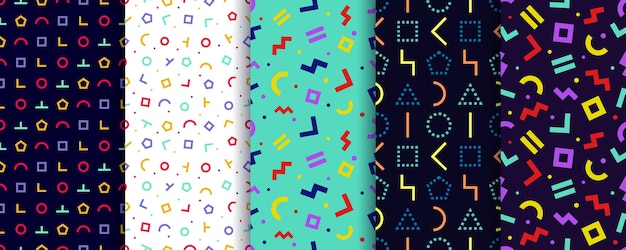 Set of five memphis seamless patterns. Geometric wallpaper