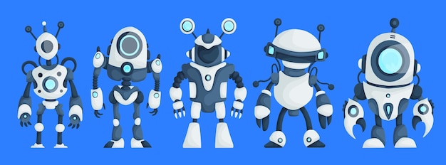 set of five modern robots isolated on blue background cute character cartoon artificial intelligence concept flat vector illustration