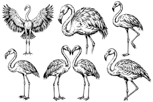 set of flamingos in different poses in sketch style on a white background