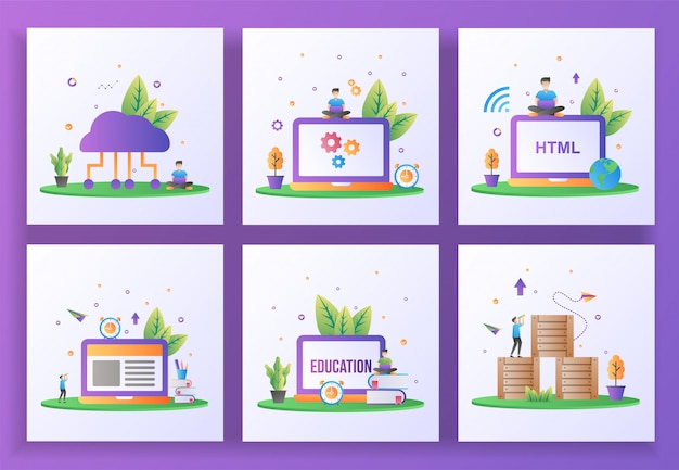 set of flat design concept. cloud computing, maintenance, web development, e-learning, online education
