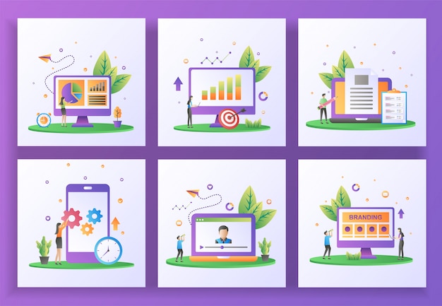 set of flat design concept. data management, reporting sales, content creator, mobile app update